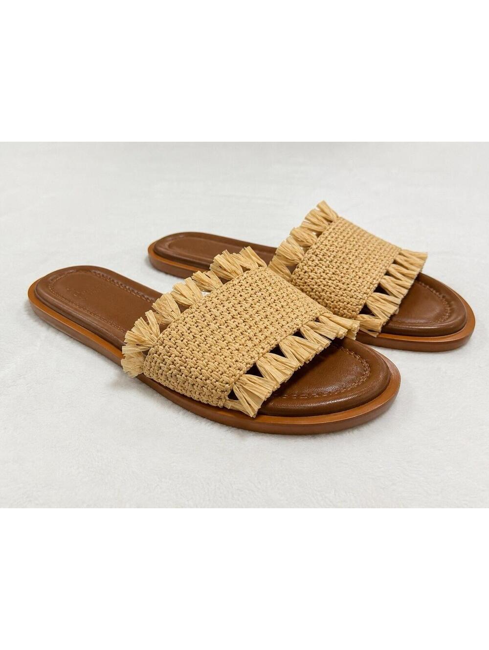 J.Crew Raffia Fringe Slide Sandals Italy Tan Brown Leather Footbed Size 7